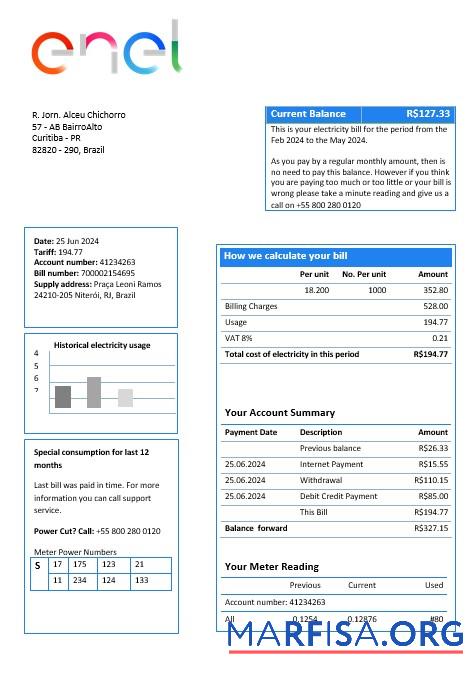 Printable Brazil ENEL electricity business utility bill template in Word and PDF format